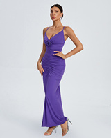 Robe de soirée longue décontractée et formelle pour femme Ocstrade, violette, à fines bretelles, col en V, avec roses 3D, fronces sur le devant et fente haute