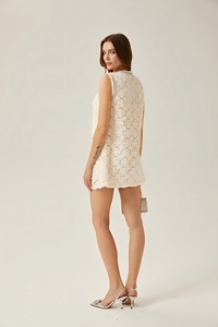 Mini vestido de fiesta con cuentas de doble capa de encaje con cuello redondo para mujer con estilo de alta calidad - Product Image 5