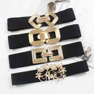 2022 Mới Retro Hình Học Vàng Kim Loại Hoa Thắt Lưng Kim Cương Đôi Nhẫn Khóa Thắt Lưng Đàn Hồi Cho Đầm Rộng Thắt Lưng - Product Image 1