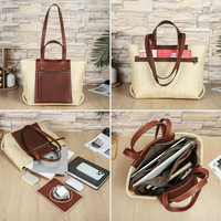 Grand sac fourre-tout d'été en paille tressée pour femme de bureau, avec bandoulière en cuir bicolore, fermeture à bouton, poche et multiples compartiments