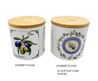 Contenants de cuisine en céramique de la série citron-orange-olive, couvercles en bois amovibles et hermétiques, forme cylindrique durable et écologique, impression