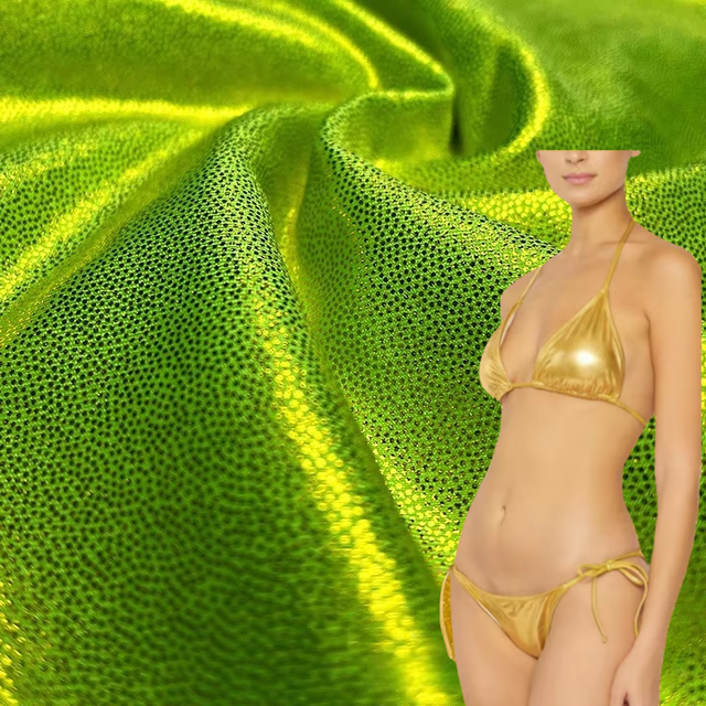Factory Supply 4 Way Stretchy Green Glitter Foil Nylon Spandex Fabric 200gsm Sexy Woman Bikini Set-Shiny Holographic Beachwear