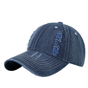 Casquette de baseball rétro en jean déchiré pour hommes, bleue, en coton, protection solaire, usage extérieur - Product Image 1