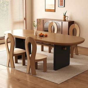 Cream Colored Solid Wood Oval <b>Dining</b> <b>Table</b> And Chair Set 6 Piece Durable Stain Resistant <b>Dining</b> Room Set - Product Image 3