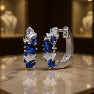 Orecchini a Cerchio in Oro Bianco con Zaffiri da Donna, Design Geometrico Classico, in Lega Placcata Argento, Gioielli da Festa, Taglio Ovale con Incastonatura a Griffe - Product Image 2