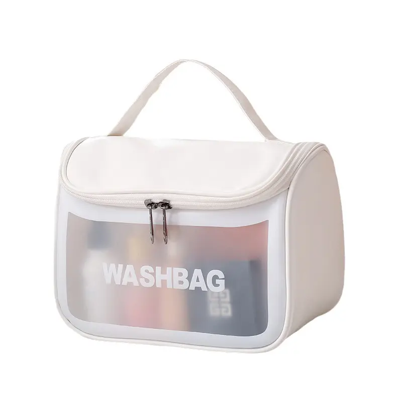 Bolsa de almacenamiento de cosméticos con tapa de PU, bolsa de artículos de tocador transparente de gran capacidad, bolsa de maquillaje impermeable portátil de alto valor estético