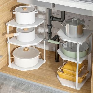 Étagère d'angle de cuisine à 2 niveaux en métal pour rangement sous évier, organisateur multifonctionnel pour cuisine - Product Image 2