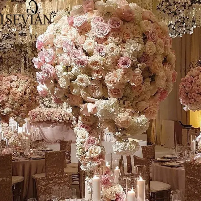 ISEVIAN 흰색과 분홍색 인공 실크 꽃꽂이 테이블 러너 장미와 수국 웨딩 중심 장식