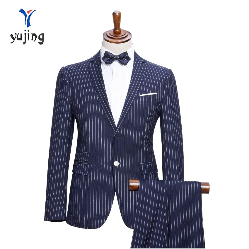 Navy Blue Striped wool 2-piece Business Men's Suit Slim Fit Pinstripe Formal Wedding Tuxedo Suit for Men