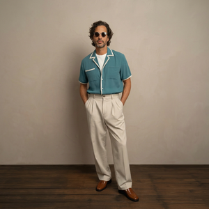 Camisa de Manga Corta para Hombre, Color Verde Azulado, con Cuello Camp Collar y Ribete Blanco en Contraste, Cierre de Botones, Estilo Vacacional, 100% Poliéster Broadcloth - Product Image 1