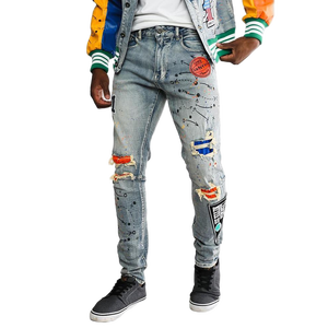 <span class=keywords><strong>Jeans</strong></span> da Uomo Personalizzati di Design, con Effetto Smerigliato a Mano, Ricami e Patch, Vestibilità Dritta <span class=keywords><strong>Super</strong></span> Elasticizzata, Lavaggio Stonewashed e Stampa - Product Image 2