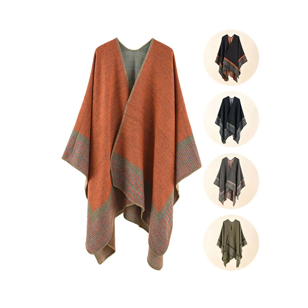 Novedad moda Color bloqueo Plaid tejido acrílico invierno mujer chal cárdigan Ponchos bufanda para adultos