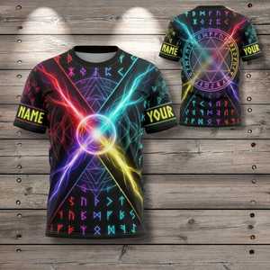 Maglietta personalizzata con rune al neon, nome personalizzato, maglietta unisex per rave, stile stregonesco e occulto - Product Image 1
