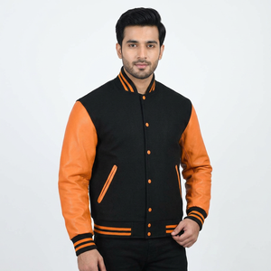 Custom Logo Black Letterman Varsity Jacket for <b>Men</b> Embroidered Leather Sleeves Coated Jacket for Couples for Spring - Product Image 1