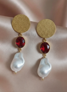 Pendientes de Perlas Barrocas |   Pendientes de Piedras Preciosas, Aretes de Disco con Textura Dorada, Pendientes de Estilo Vintage - Product Image 6