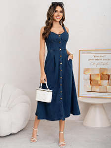 Vestido vaquero maxi de verano para <span class=keywords><strong>mujer</strong></span>, personalizado, con botones en la cintura, estilo casual, tirantes anchos, color liso, lavado, tipo cruzado. - Product Image 5