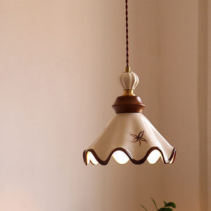 Retro Hand Painted Ceramic Pendant <b>Light</b> Cream Color With Brown Trim Single Head For Home Dining Room Bedroom Entryway - Product Image 4