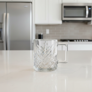 Taza de Vidrio Transparente de 260 ml, Estilo Europeo, Ecológica, con Patrón de Corte de Cristal, Elegante Asa Cuadrada, para Hogar, Oficina, Cafetería, con Textura Estilizada - Product Image 1