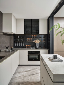 סגנון אירופאי מבריק גבוהה ארון מטבח ארון לבן חם צבעים כהים mdf זכוכית דלתות מובנית אורות אי פריסת - Product Image 4