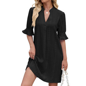 Nouveau printemps été robes couleur unie col en V lâche <span class=keywords><strong>plissé</strong></span> cinq manches t-shirt décontracté femmes robe - Product Image 4