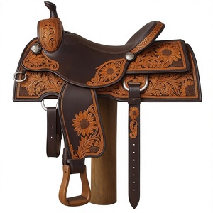 Sillín de cuero occidental para caballo con grabado de girasol y herrajes niquelados para equitación, sillines ingleses de cuero de la India - Product Image 1