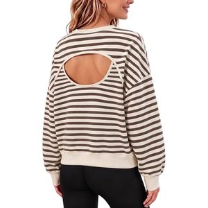 Custom Womens Striped Sweatshirt Oversized Open Back Long Sleeve <b>Crewneck</b> Loose Fit Casual Top - Product Image 1
