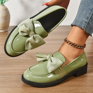 Fashionable Women's Slip on Footwear 2025 - Light Olive Patent Leather Bow Decor Block <b>Heel</b> Loafers for Daily Wear - Product Image 1