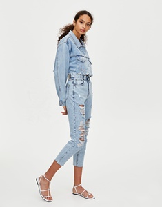 Ripped mom jeans vintage distressed bleach wash women denim capris jeans - Product Image 1