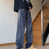 Haute qualité personnalisé Vintage Streetstyle Patch broderie Jeans Patchwork Design Hip Hop décontracté grande taille hommes pantalon évasé