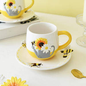 Tasses et assiettes en céramique motif tournesol, tasses à café, vaisselle pour le thé de l'après-midi, tasses à eau et petites tasses domestiques - Product Image 4
