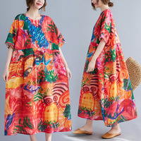 Robe en coton grande taille Impression colorée Robe en lin pour femmes