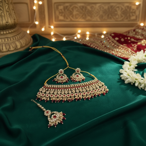 Parure de bijoux ethniques indiens de luxe en alliage plaqué or et rhodium, collier ras-du-cou, boucles d'oreilles, Maang Tikka, zircon, pour fiançailles et mariage - Product Image 2