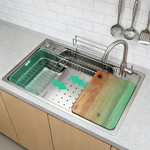 Lavello da Cucina Multifunzione a Vasca Singola da Appoggio in Acciaio Inox 304 70x48cm con Gocciolatoio 185, Design Moderno Argento - Product Image 1