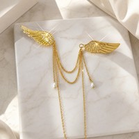 Broche de mariage unisexe élégante et romantique, style rétro, asymétrique, avec strass, alliage plaqué, ailes d'ange, perles et pompon, pour revers de veste