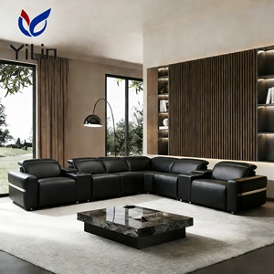 Canapé d'angle modulaire inclinable en cuir véritable en forme de U, avec double moteur et éclairage d'ambiance, pour salon - Product Image 2