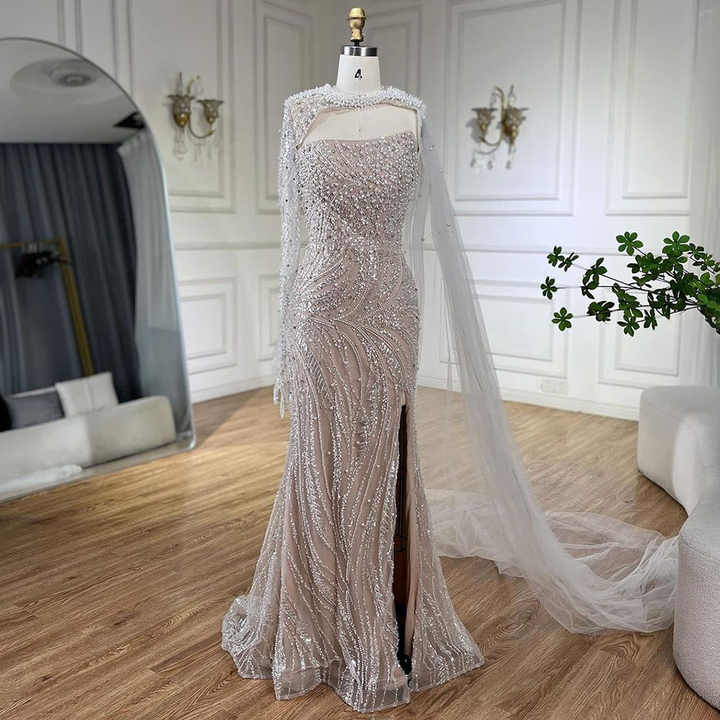Arabic Blue Mermaid Elegant Long Cape Cloak Luxury Beaded Evening Dresses For Women Wedding Party 2025 LA72235 main image 1