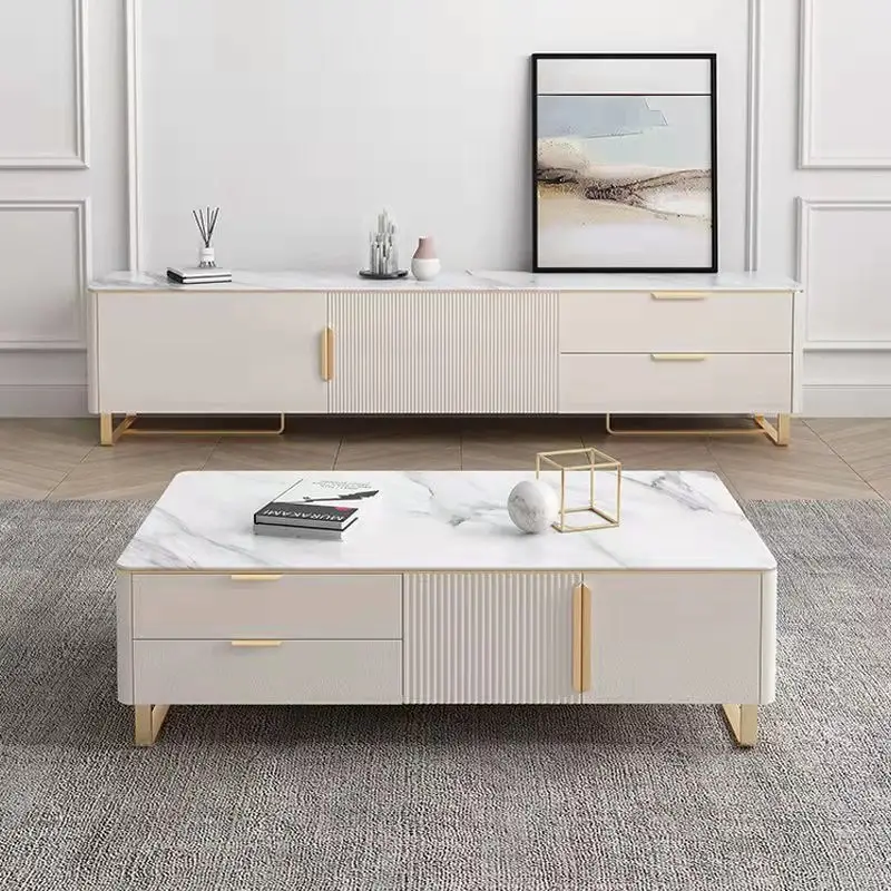 Mueble elegante de acero inoxidable dorado y blanco para sala de estar, mesa de centro con cajón para el hogar