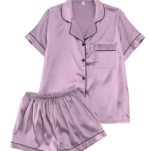 Pyjama d'été pour femme en satin de polyester couleur unie, col rabattu, manches courtes, short taille haute - Product Image 3