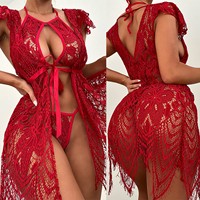 Sexy encaje de tres puntos Lencería erótica transparente tentación traje erótico