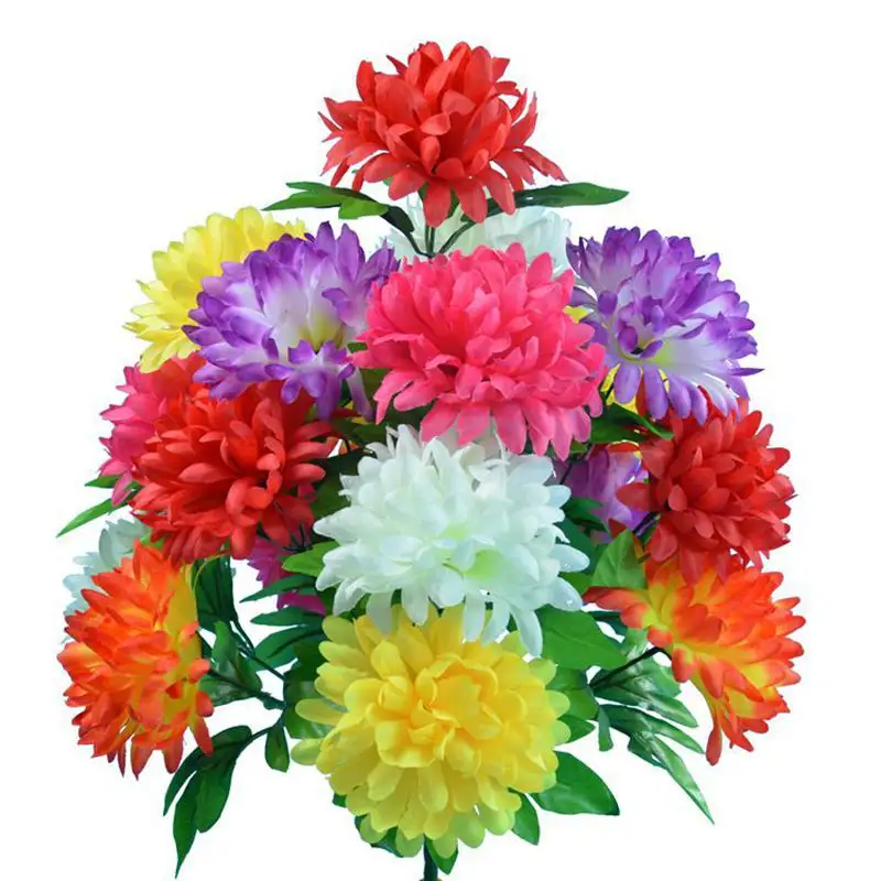 Spot wholesale 6 color mixed color Qingming flower chrysanthemum bouquet fake flower 18 head chrysanthemum silk flower anti real