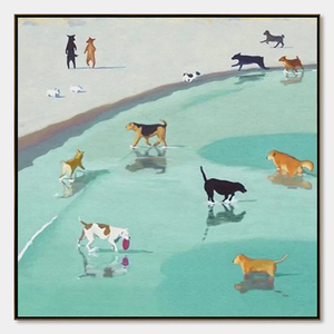Paws At Tide – Impression sur toile minimaliste avec cadre, scène de plage pour chien, art animalier contemporain, décoration murale intérieure - Product Image 2