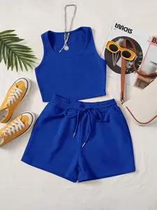 Verano nuevo Simple Retro suelto sin mangas de punto hombro Top pantalones de pierna ancha de punto conjunto de dos piezas para mujer - Product Image 5