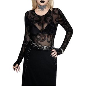 Haut moulant gothique pour femme en maille serpent, à manches longues, transparent, col rond, taille naturelle, style clubwear - Product Image 1