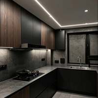 Meuble de cuisine laqué gris foncé mat haut de gamme, sur mesure, moderne, en forme de L, avec éclairage LED sous l'armoire