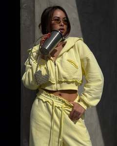 Pastel Yellow Cropped Zip Hoodie Wide Leg <b>Pants</b> Set <b>Women</b> Two Piece Casual <b>Lounge</b> Tracksuit Wholesale Custom Supplier Factory - Product Image 4