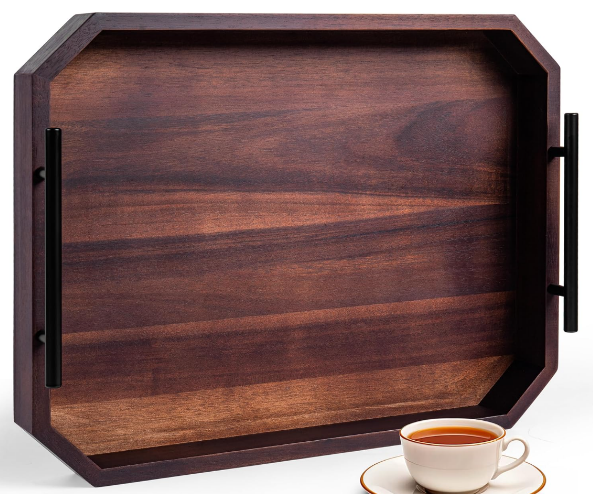Wooden Serving Tray Set with Handles 2 - Piece Acacia Wood Trays for Food/Drinks Kitchen & Home