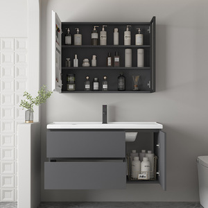 Mueble de baño moderno gris para montar en la pared con espejo LED y lavabo de cerámica de una pieza - Product Image 3