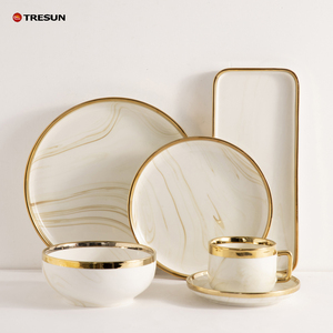 oem custom rectangle plates bowls <b>marble</b> design golden rim trim luxury porcelain <b>dinnerware</b> tableware and cup <b>set</b> - Product Image 1