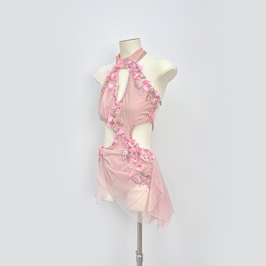 Leotardo de Danza Lírica para Mujer, Color Rosa Floral, con Cuello Halter y Recortes, con Pedrería, Spandex/Nylon, para Actuaciones en Escenario - Product Image 5