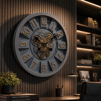 Jam Dinding Bulat Senyap Analog Bertenaga Baterai dengan Angka 3D Timbul Warna Abu-abu Biru, Gaya Steampunk Gear Industrial